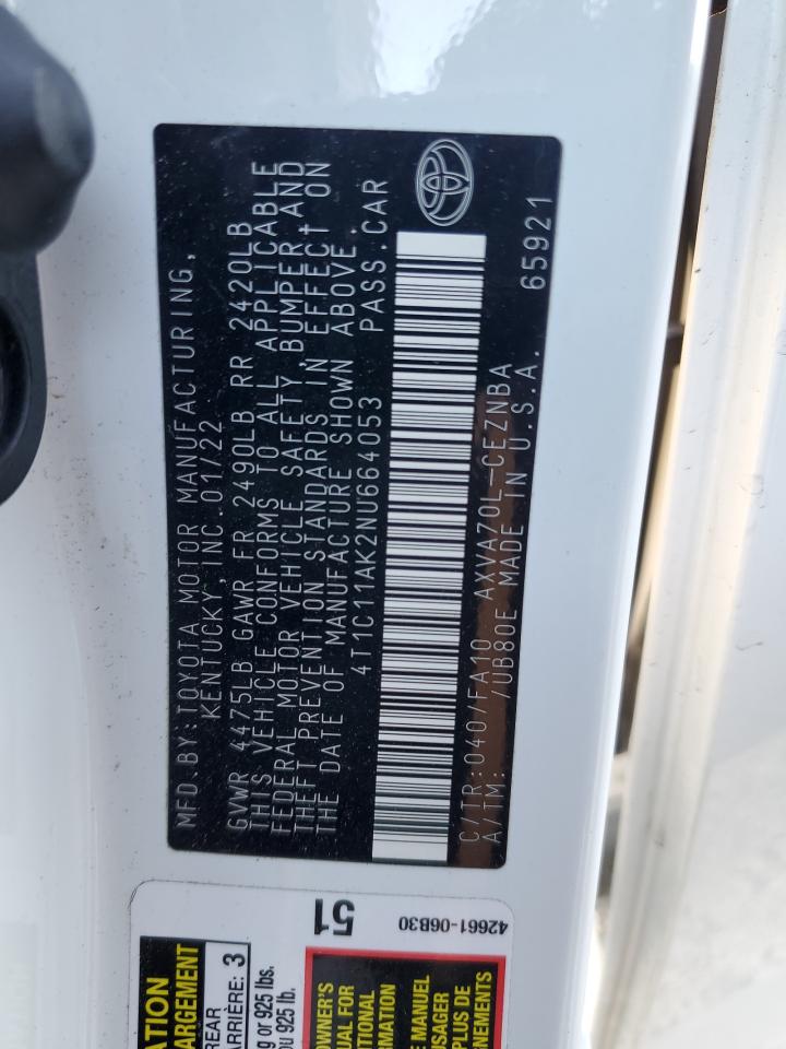 2022 TOYOTA CAMRY LE VIN:4T1C11AK2NU664053