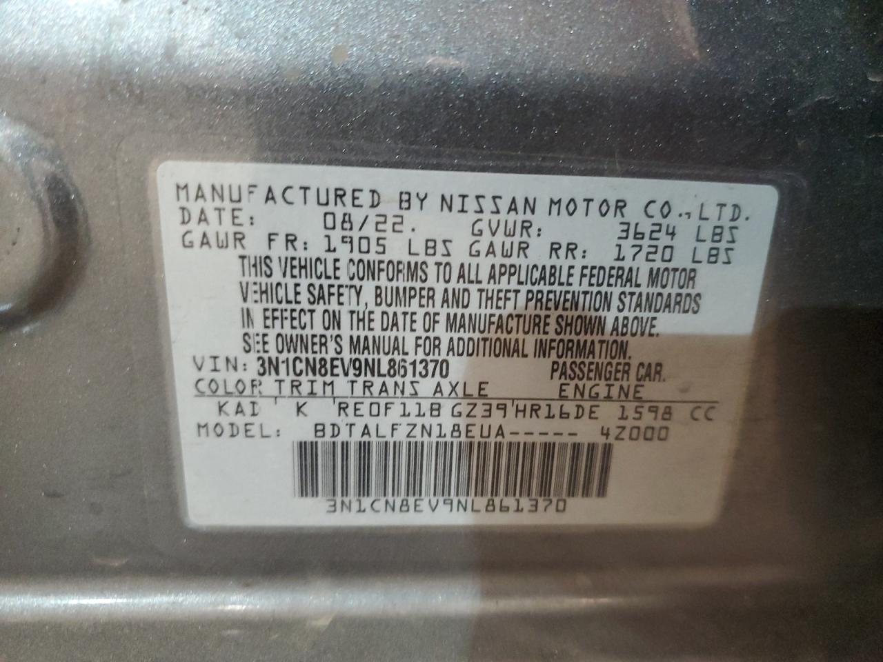 2022 NISSAN VERSA SV VIN:3N1CN8EV9NL861370