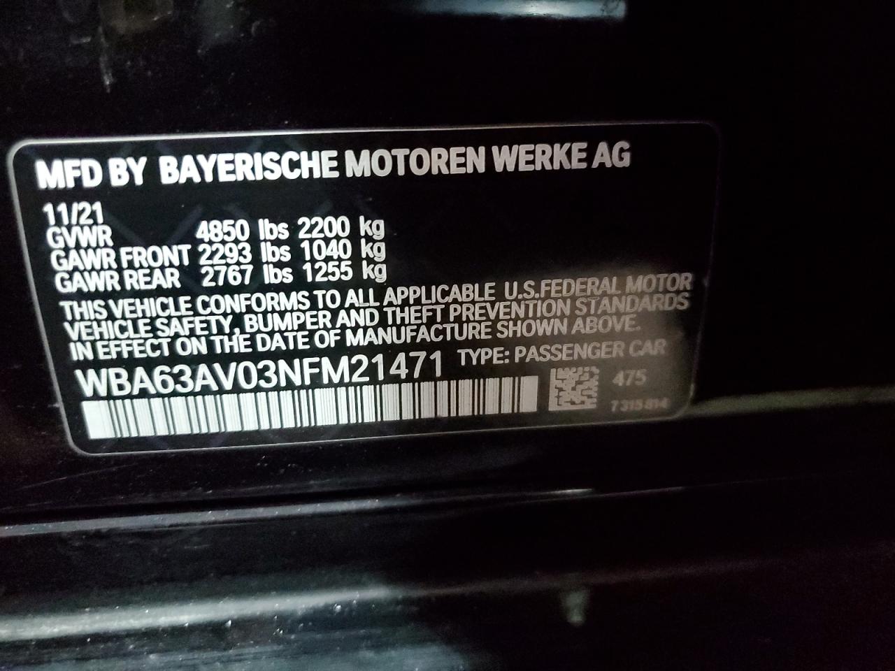2022 BMW 430I GRAN COUPE VIN:WBA63AV03NFM21471