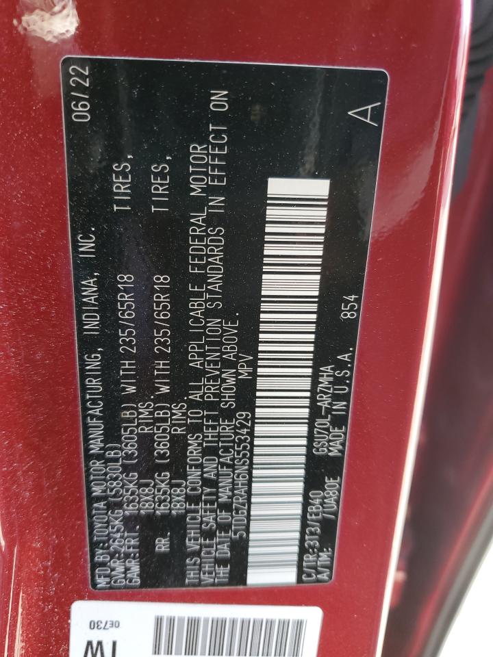 2022 TOYOTA HIGHLANDER XLE VIN:5TDGZRAH6NS553429