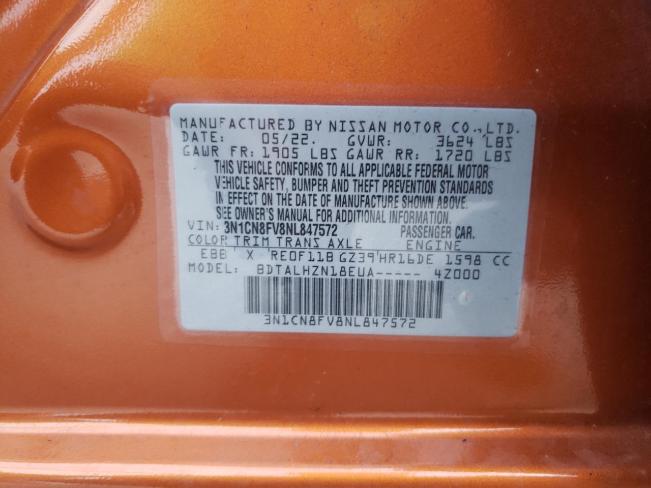 2022 NISSAN VERSA SR VIN:3N1CN8FV8NL847572