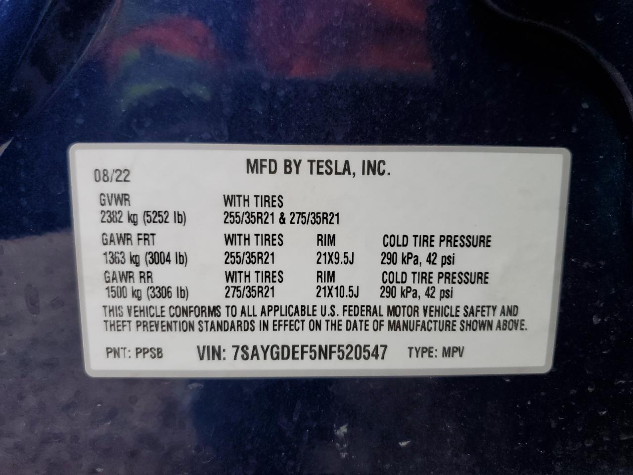 2022 TESLA MODEL Y  VIN:7SAYGDEF5NF520547