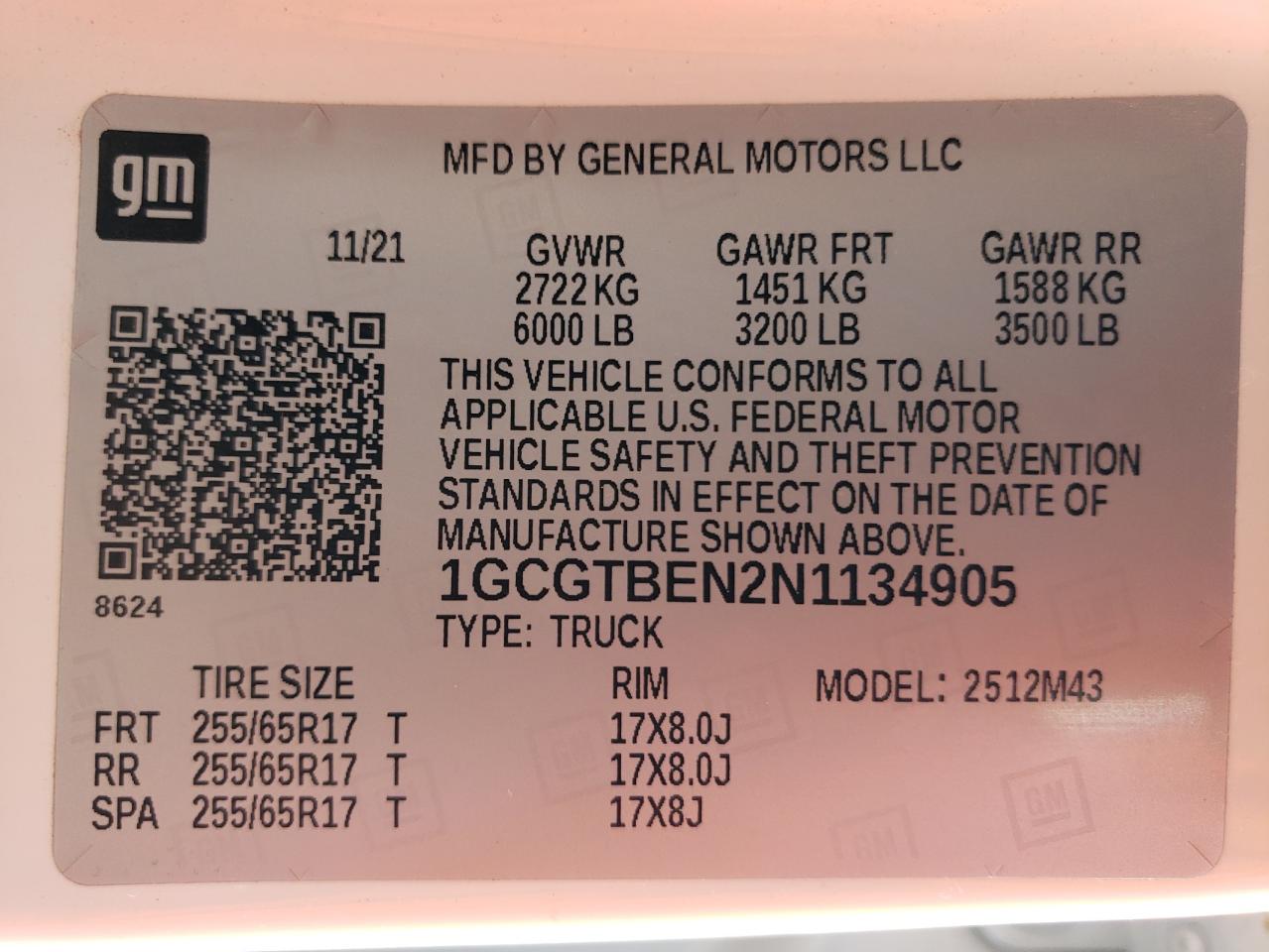 2022 CHEVROLET COLORADO  VIN:1GCGTBEN2N1134905