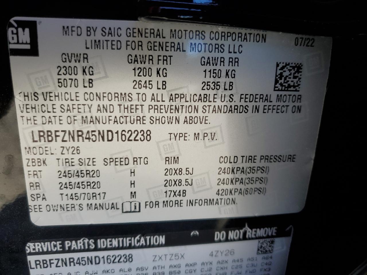 2022 BUICK ENVISION ESSENCE VIN:LRBFZNR45ND162238