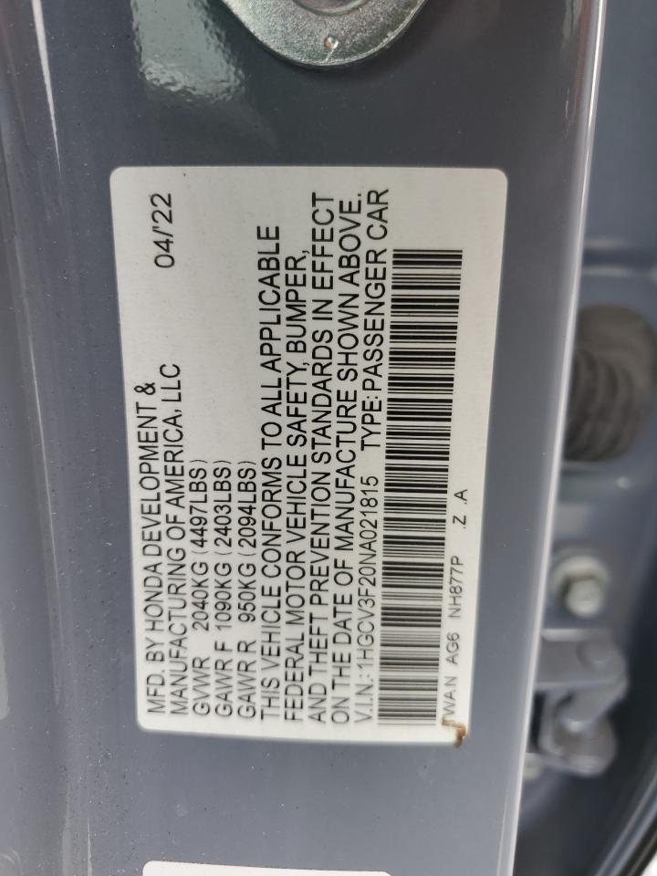 2022 HONDA ACCORD HYBRID SPORT VIN:1HGCV3F20NA021815