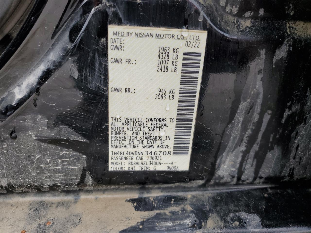 2022 NISSAN ALTIMA SV VIN:1N4BL4DV0NN346708