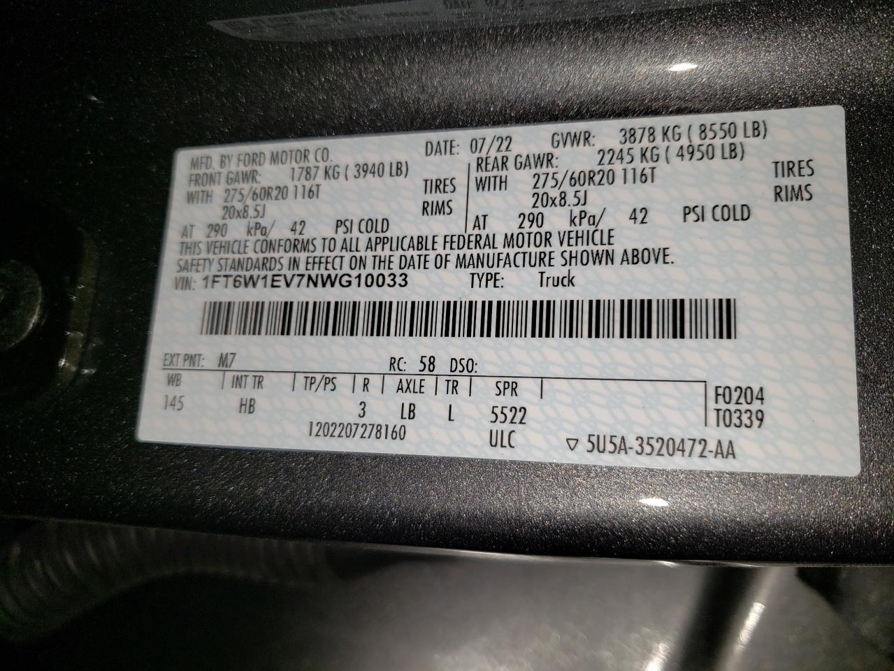 2022 FORD F150 LIGHTNING PRO VIN:1FT6W1EV7NWG10033