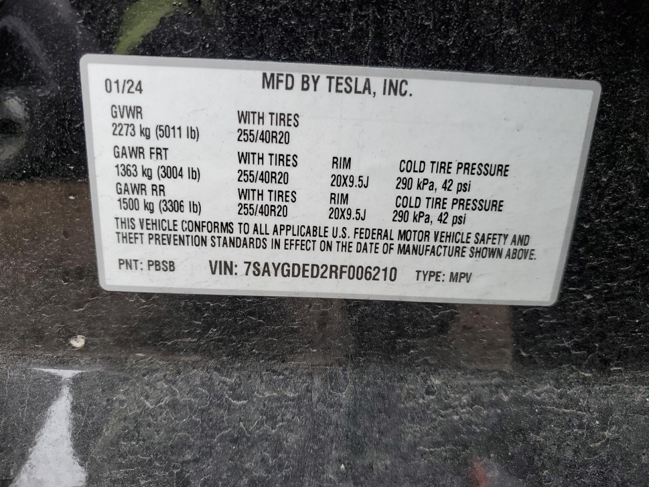 2024 TESLA MODEL Y  VIN:7SAYGDED2RF006210