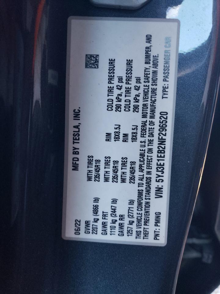 2022 TESLA MODEL 3  VIN:5YJ3E1EB2NF296520