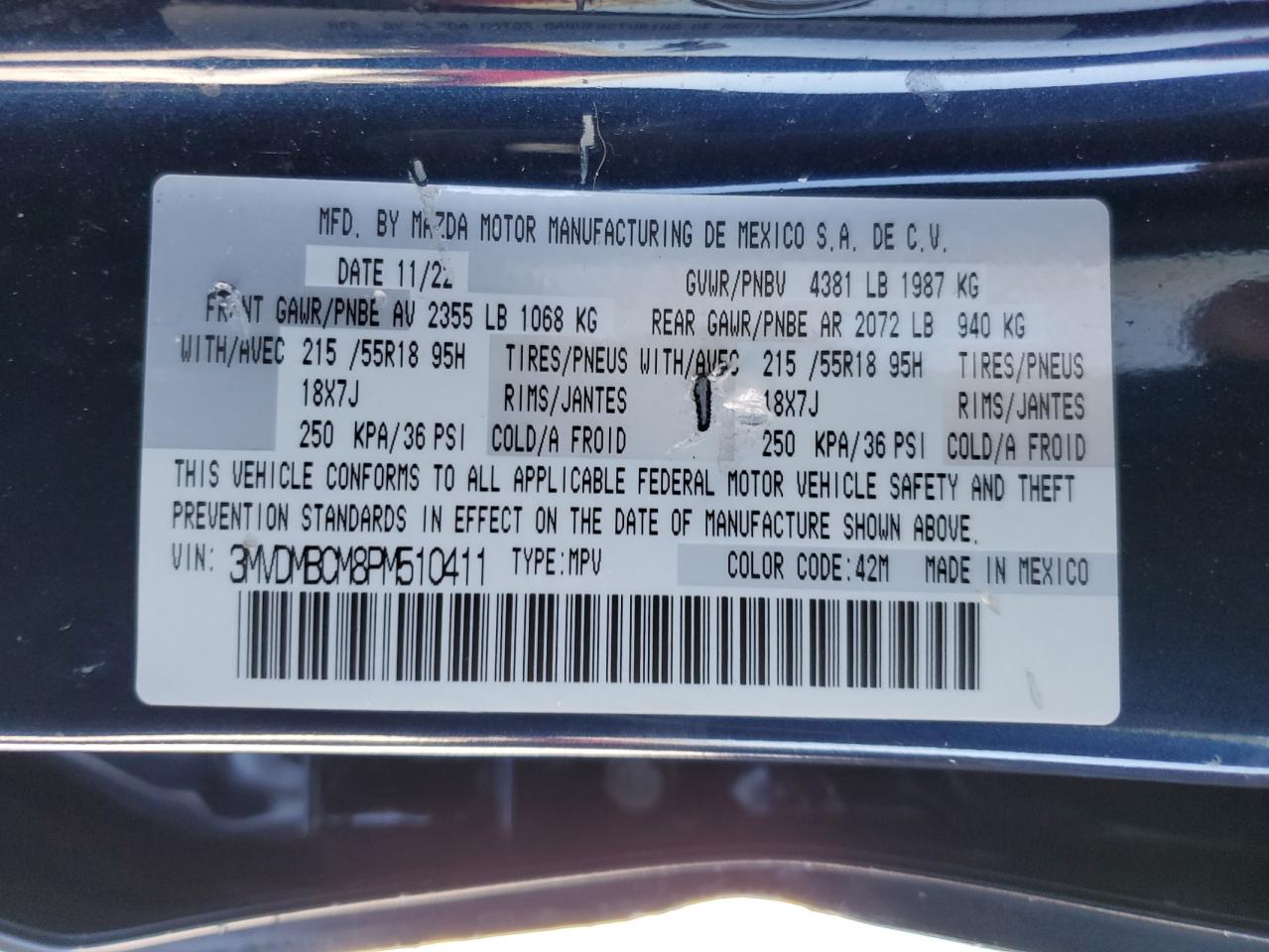 2023 MAZDA CX-30 PREFERRED VIN:3MVDMBCM8PM510411