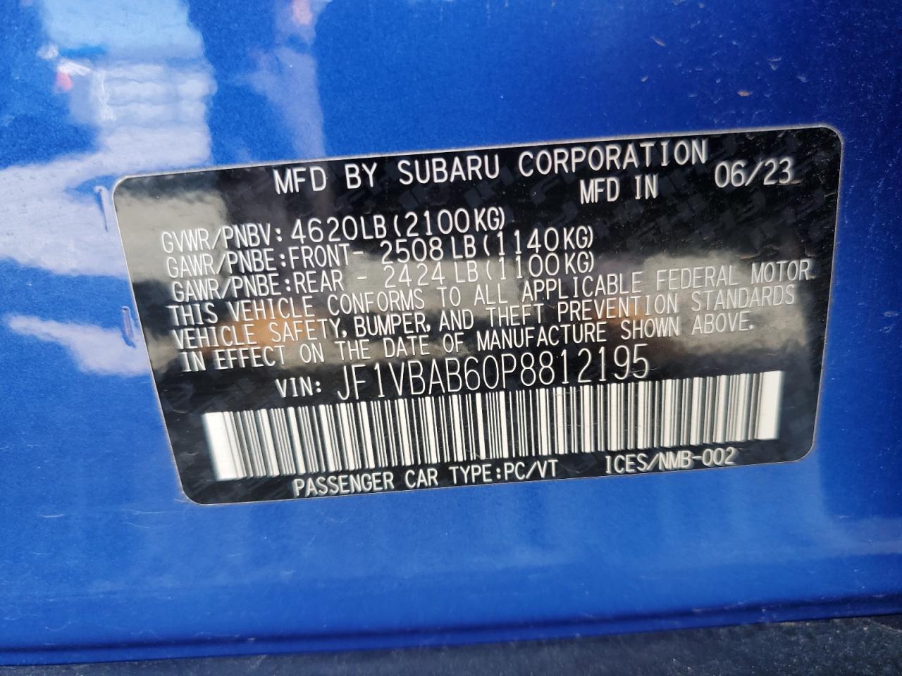 2023 SUBARU WRX  VIN:JF1VBAB60P8812195