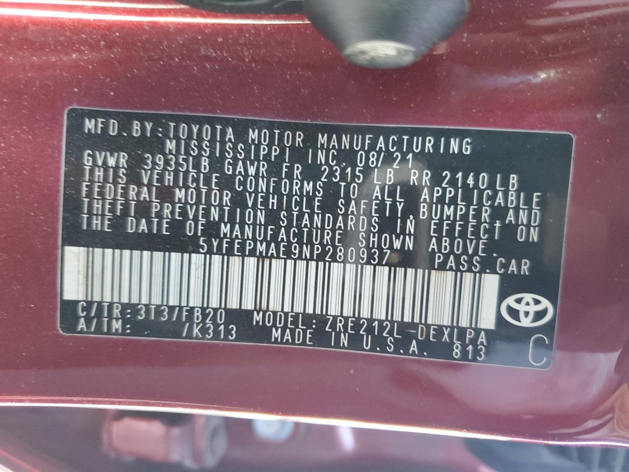 2022 TOYOTA COROLLA LE VIN:5YFEPMAE9NP280937