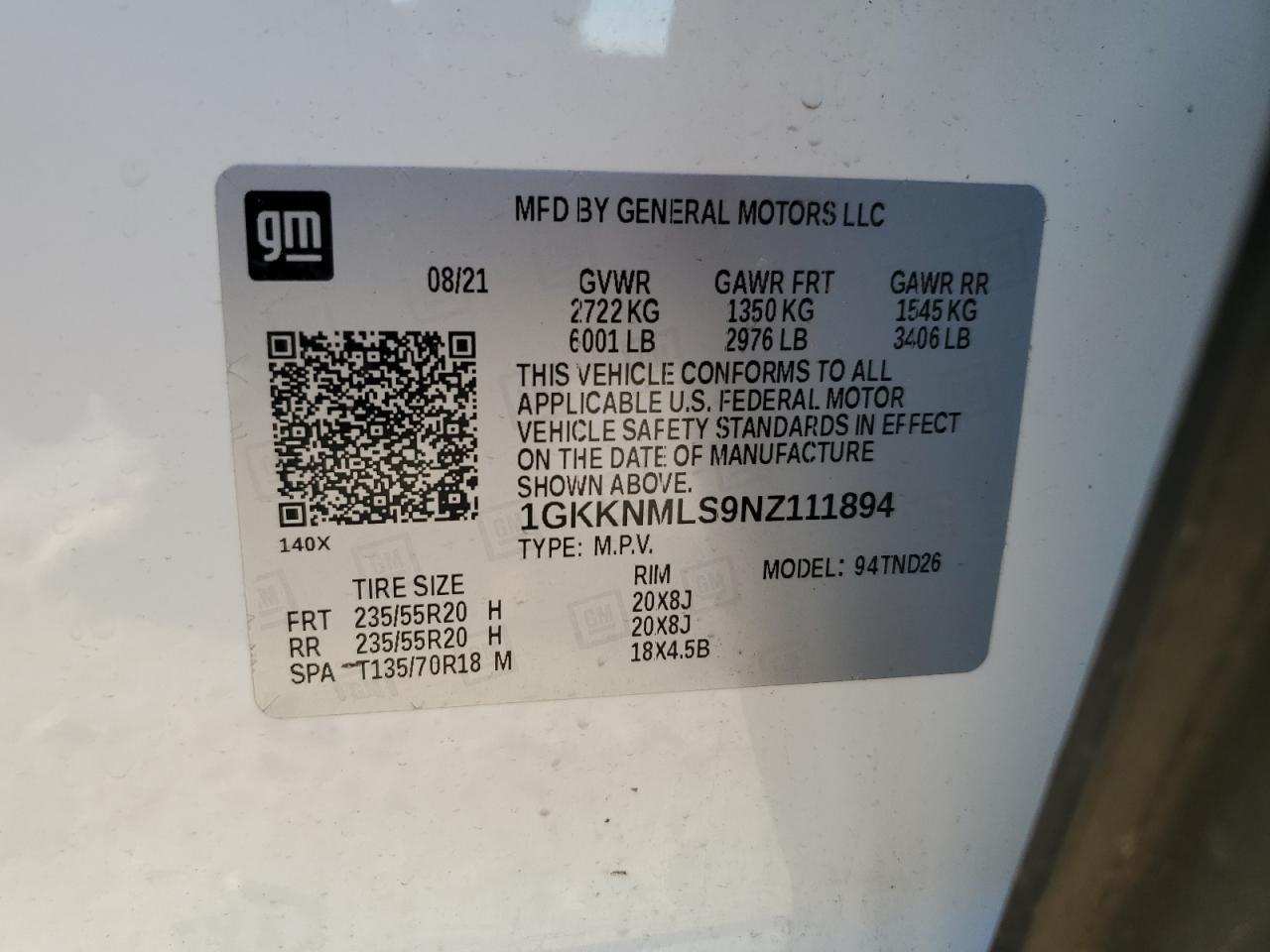 2022 GMC ACADIA SLT VIN:1GKKNMLS9NZ111894