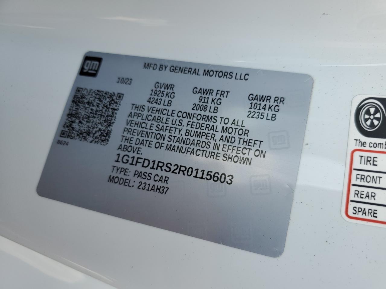 2024 CHEVROLET CAMARO LT VIN:1G1FD1RS2R0115603