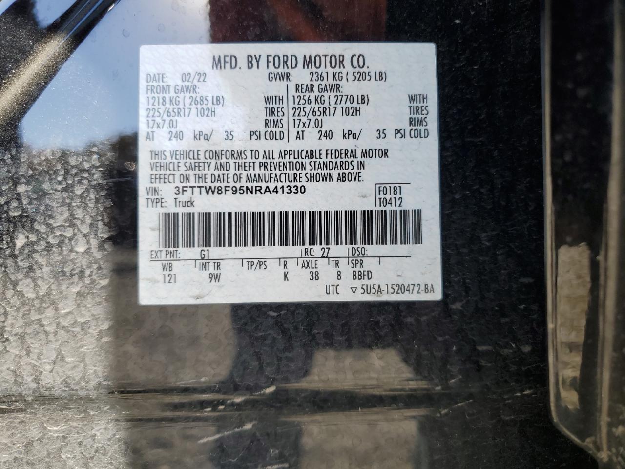 2022 FORD MAVERICK XL VIN:3FTTW8F95NRA41330