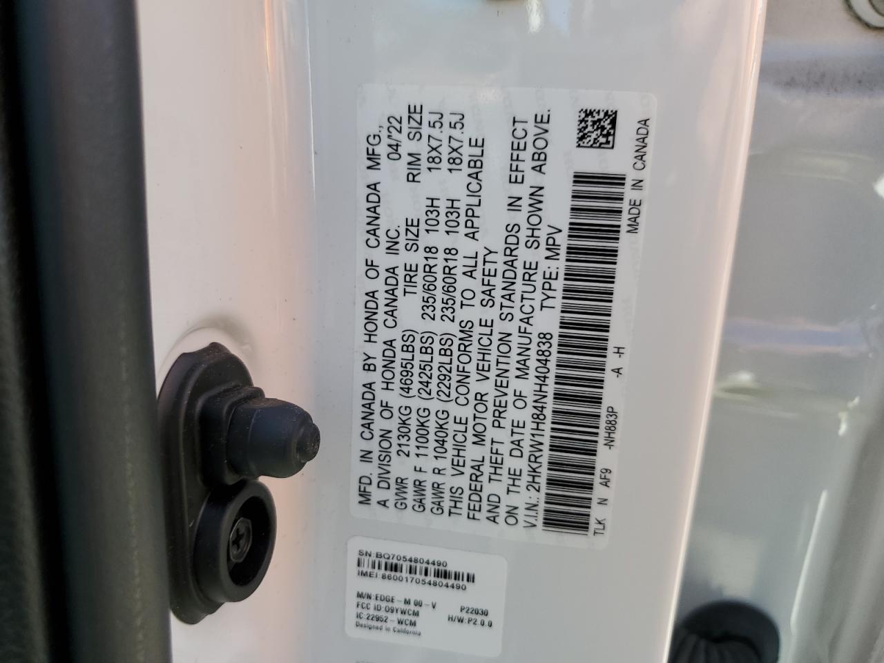 2022 HONDA CR-V EXL VIN:2HKRW1H84NH404838