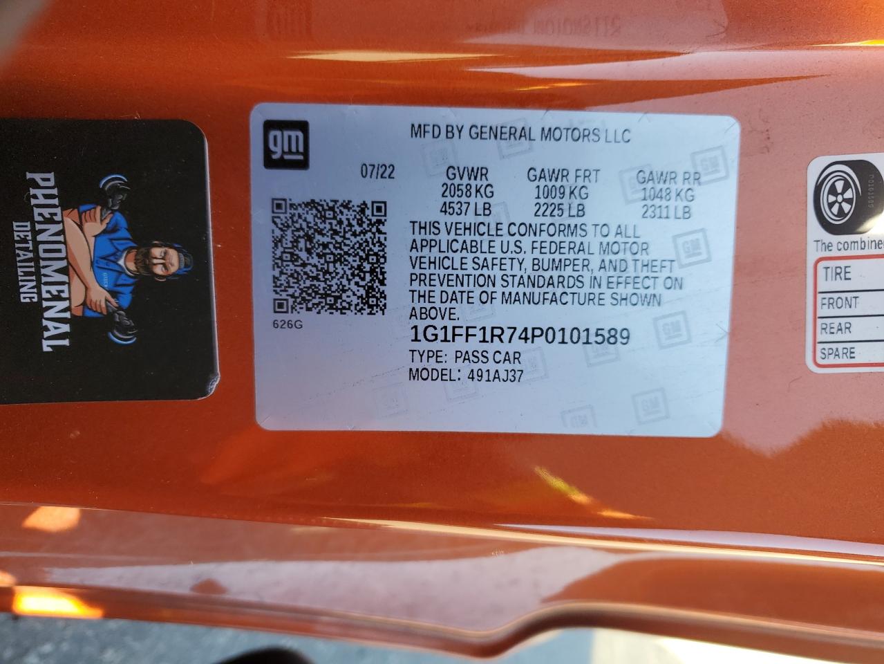 2023 CHEVROLET CAMARO LT1 VIN:1G1FF1R74P0101589