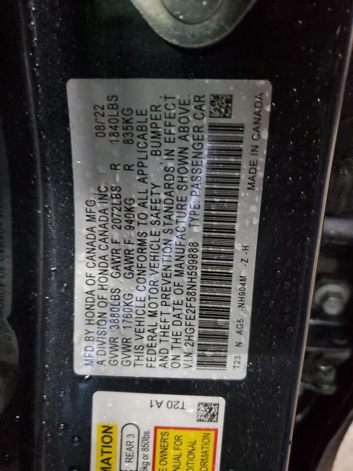 2022 HONDA CIVIC SPORT VIN:2HGFE2F58NH599888
