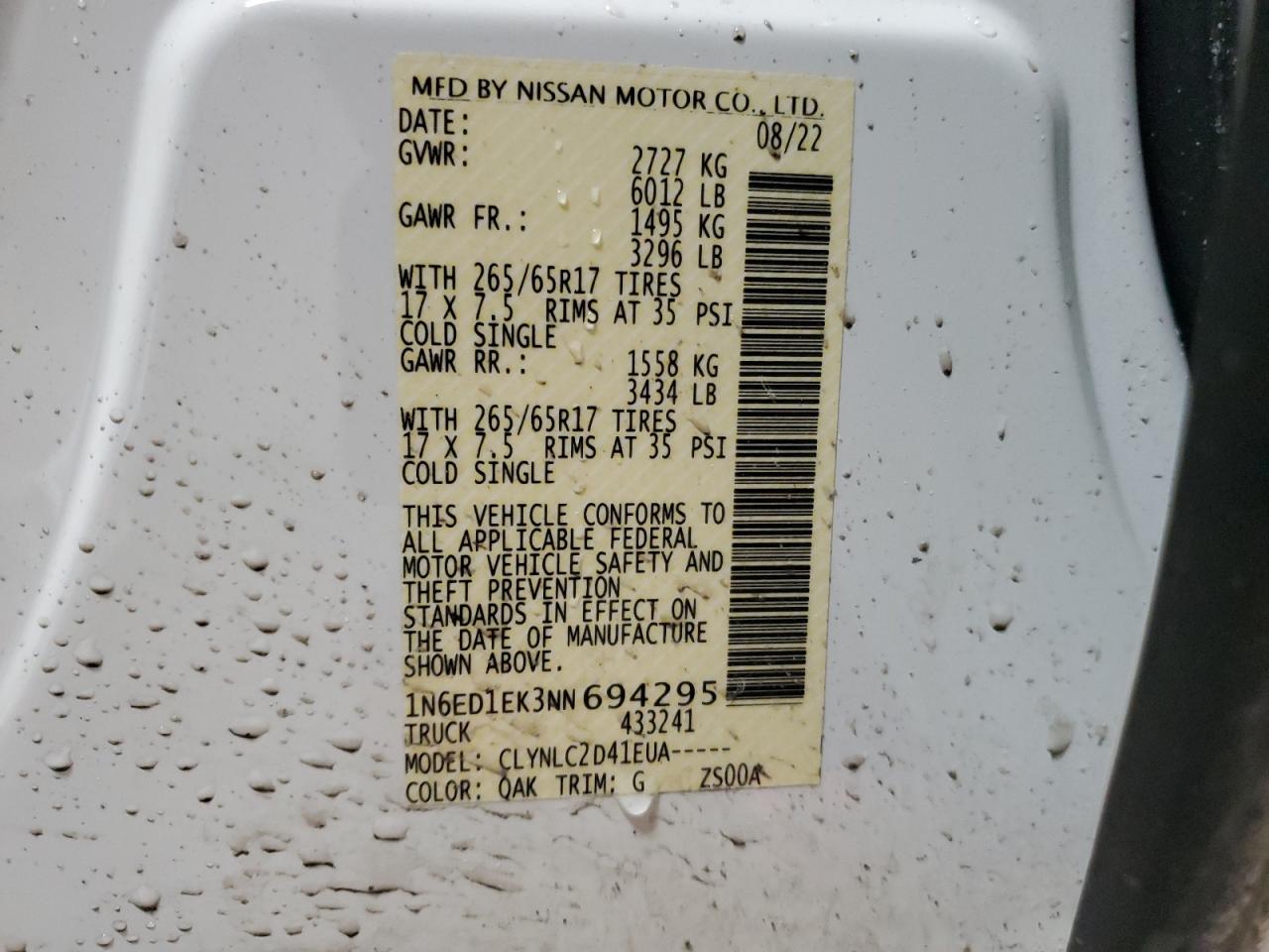 2022 NISSAN FRONTIER S VIN:1N6ED1EK3NN694295