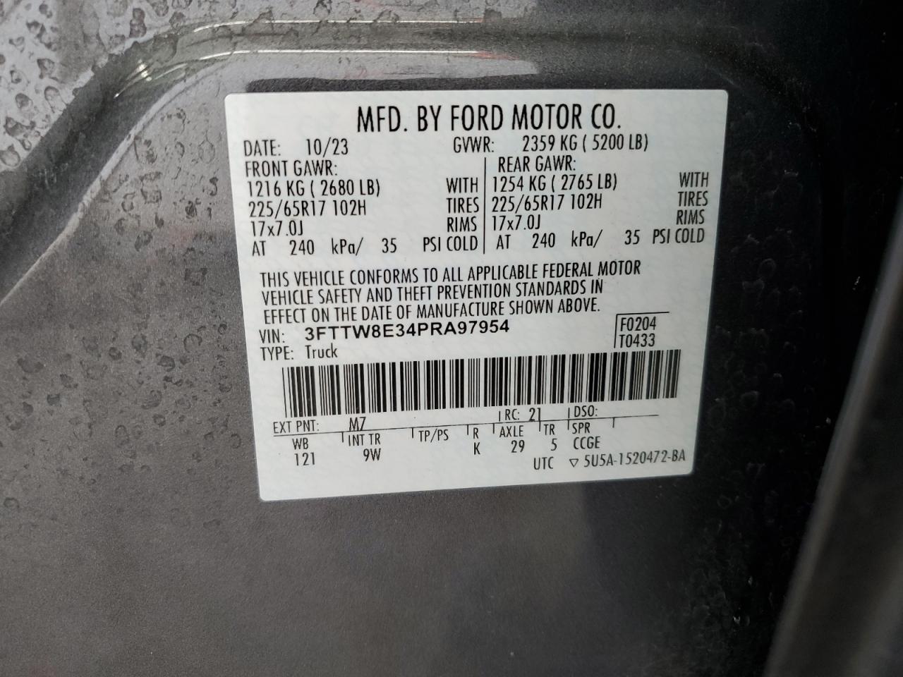 2023 FORD MAVERICK XL VIN:3FTTW8E34PRA97954