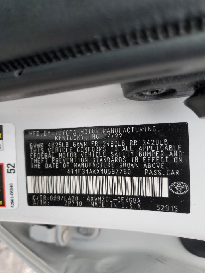 2022 TOYOTA CAMRY XLE VIN:4T1F31AKXNU597760