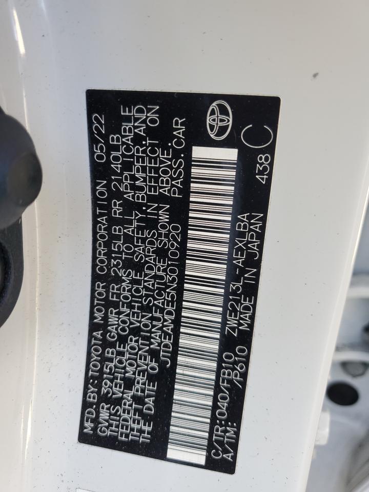 2022 TOYOTA COROLLA LE VIN:JTDEAMDE5N3010920