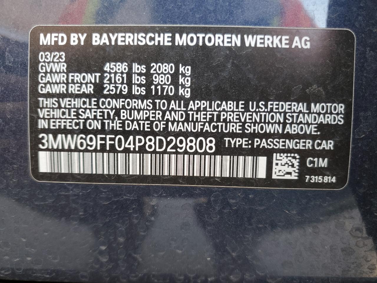 2023 BMW 330I  VIN:3MW69FF04P8D29808