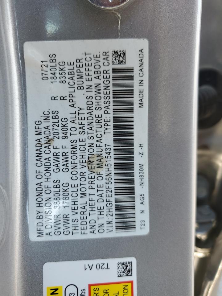 2022 HONDA CIVIC SPORT VIN:2HGFE2F56NH515437