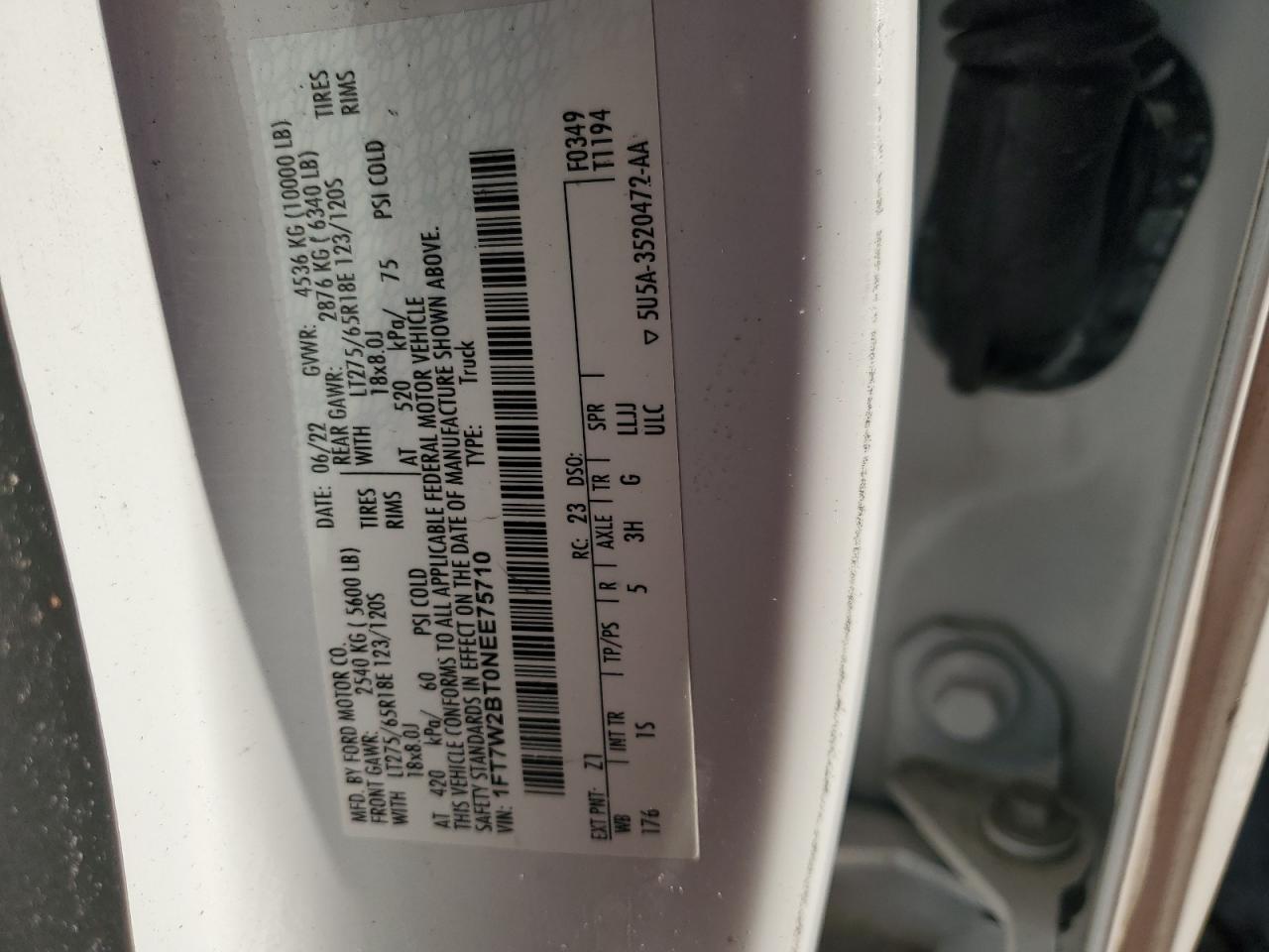 2022 FORD F250 SUPER DUTY VIN:1FT7W2BT0NEE75710
