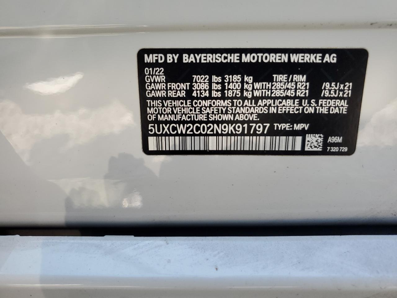 2022 BMW X7 XDRIVE40I VIN:5UXCW2C02N9K91797