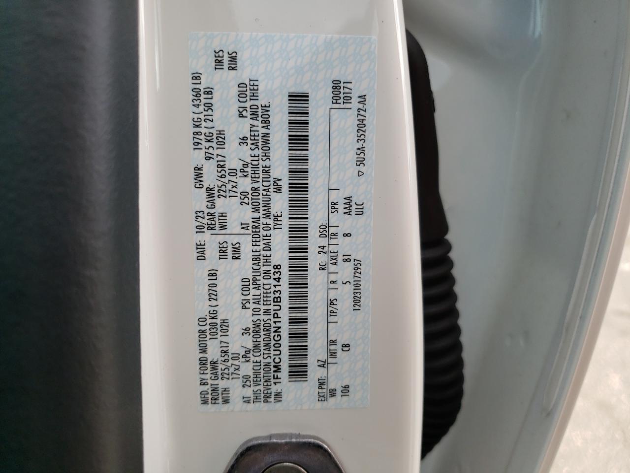 2023 FORD ESCAPE ACTIVE VIN:1FMCU0GN1PUB31438