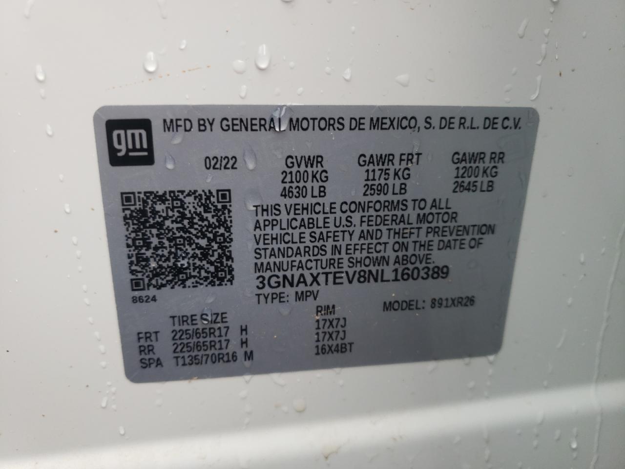 2022 CHEVROLET EQUINOX LT VIN:3GNAXTEV8NL160389