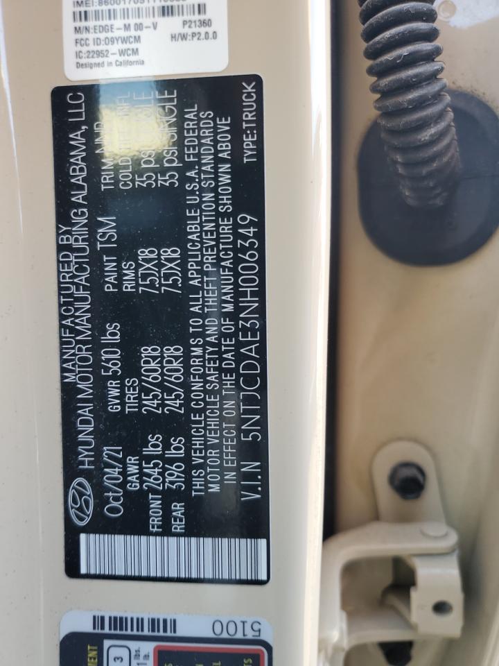 2022 HYUNDAI SANTA CRUZ SEL VIN:5NTJCDAE3NH006349