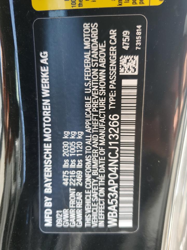 2022 BMW 430I  VIN:WBA53AP04NCJ13266