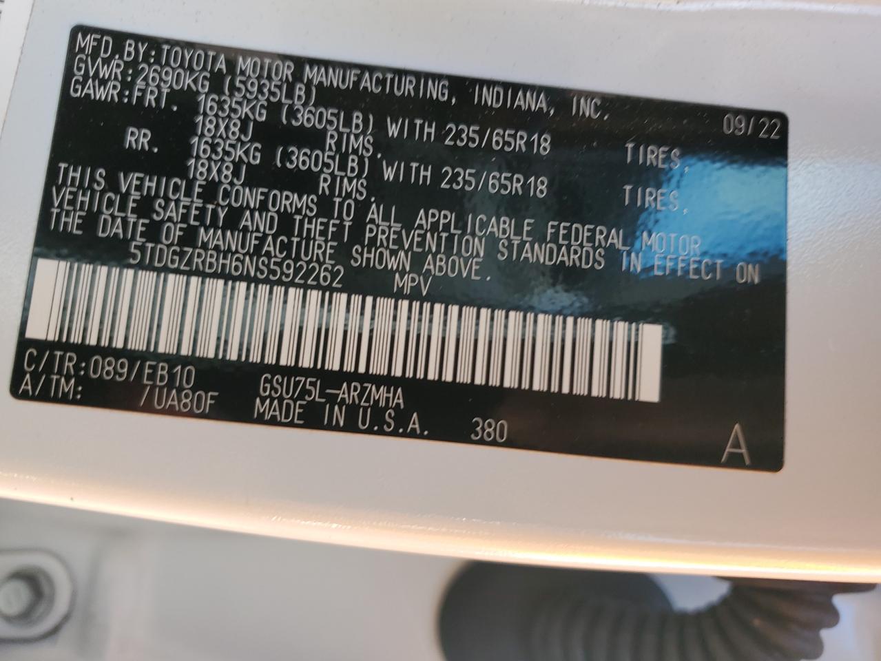2022 TOYOTA HIGHLANDER XLE VIN:5TDGZRBH6NS592262