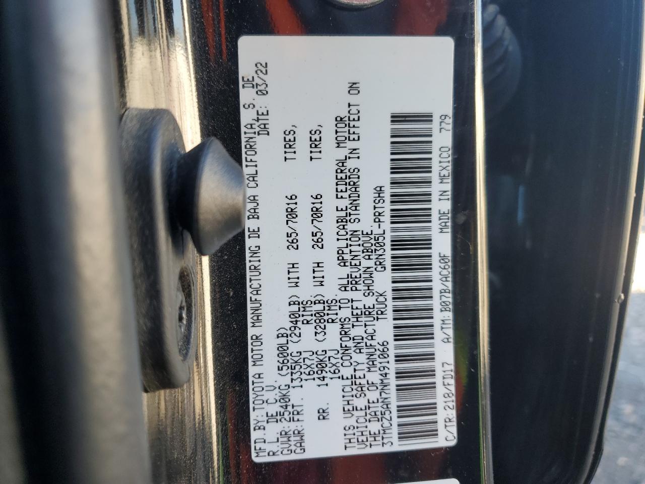 2022 TOYOTA TACOMA DOUBLE CAB VIN:3TMCZ5AN7NM491066