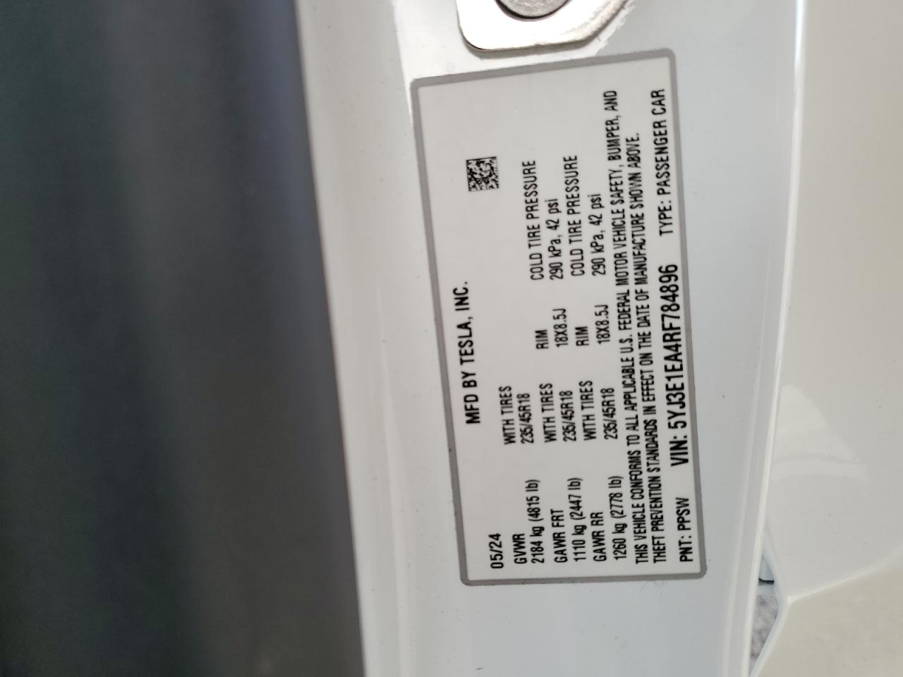2024 TESLA MODEL 3  VIN:5YJ3E1EA4RF784896