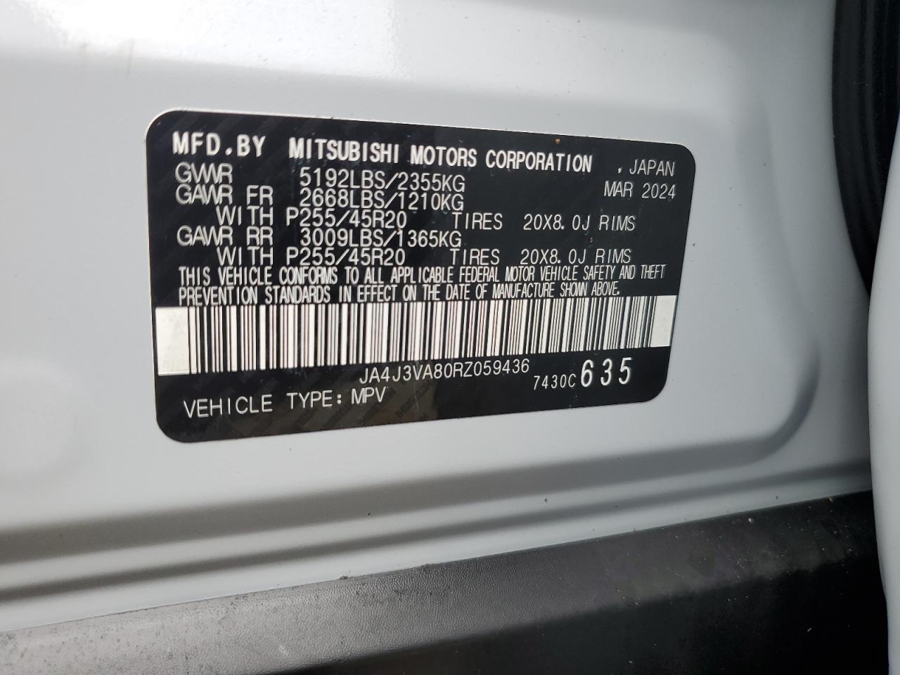 2024 MITSUBISHI OUTLANDER SE VIN:JA4J3VA80RZ059436