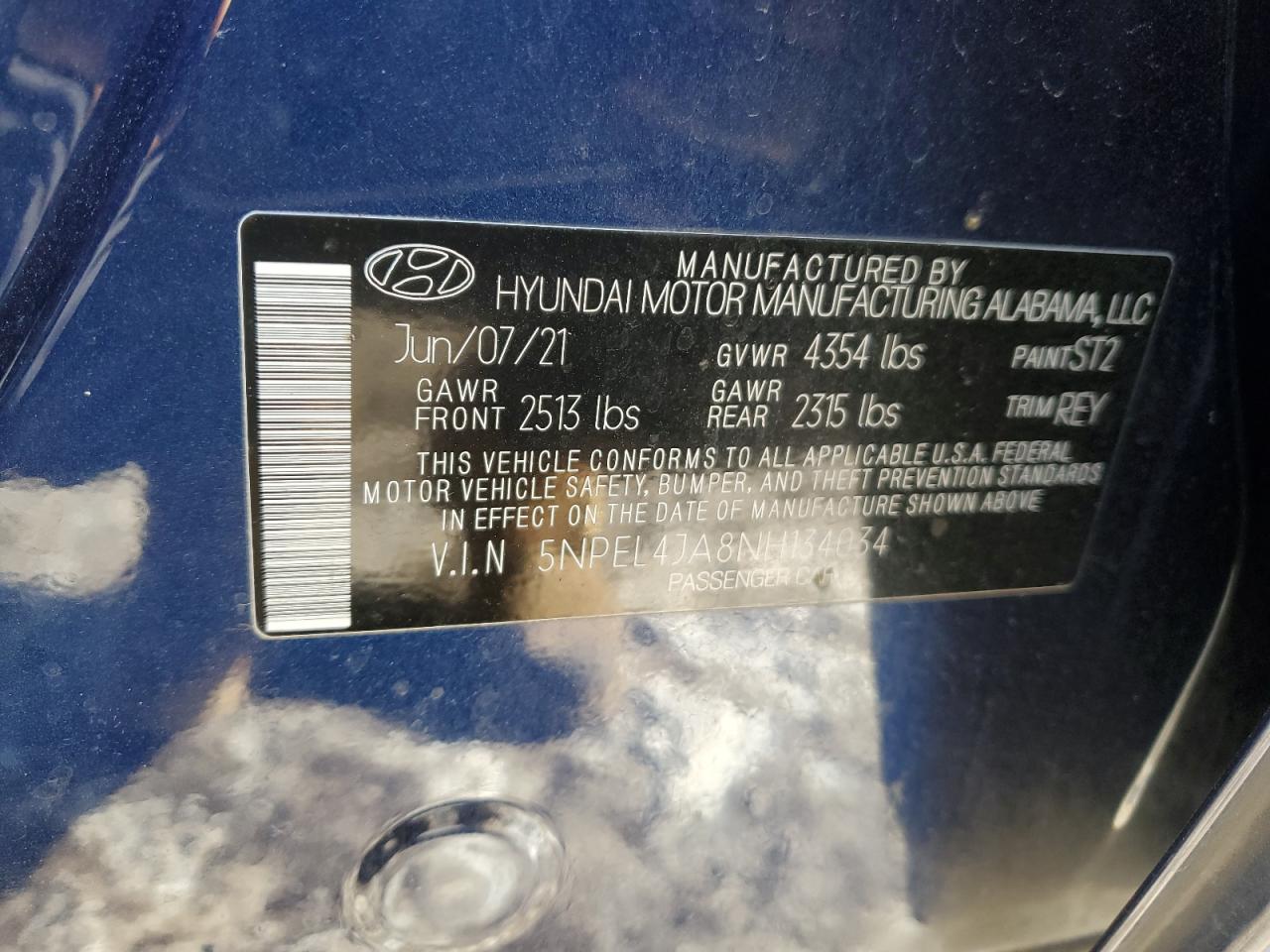 2022 HYUNDAI SONATA SEL VIN:5NPEL4JA8NH134034