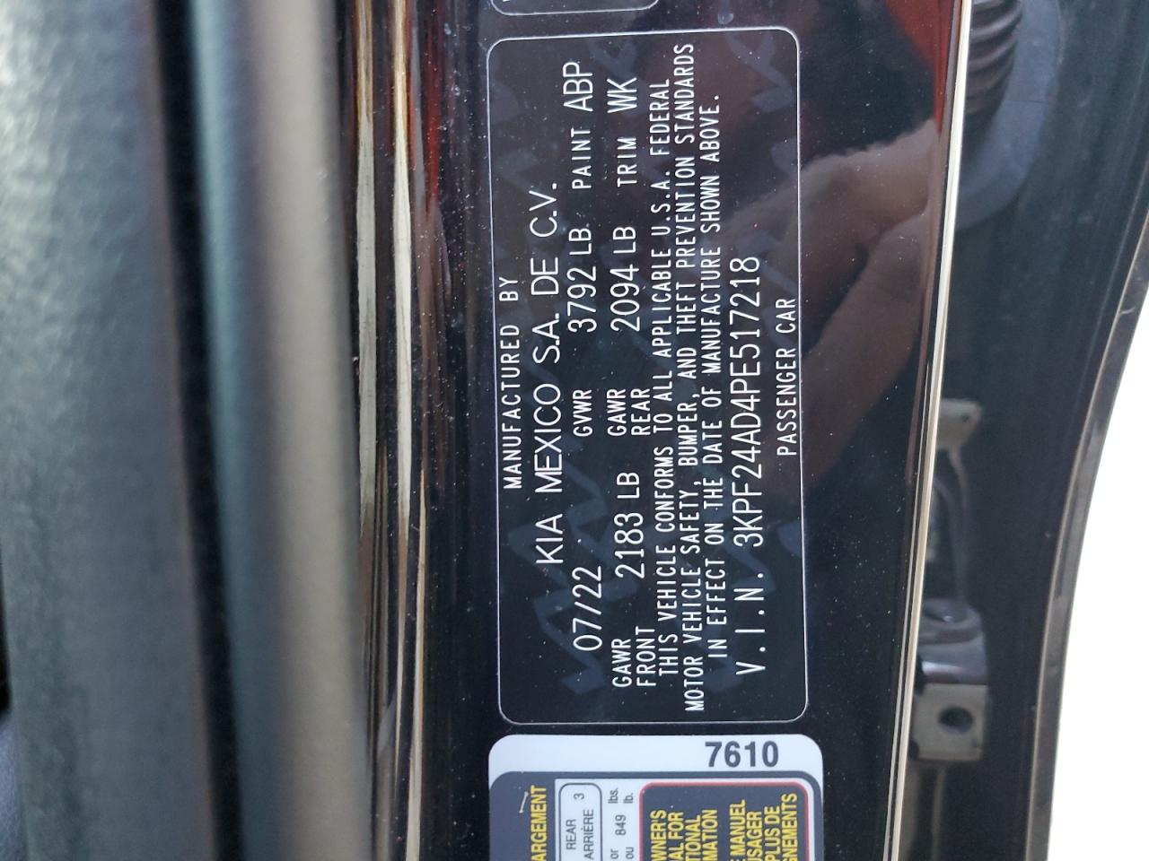 2023 KIA FORTE LX VIN:3KPF24AD4PE517218