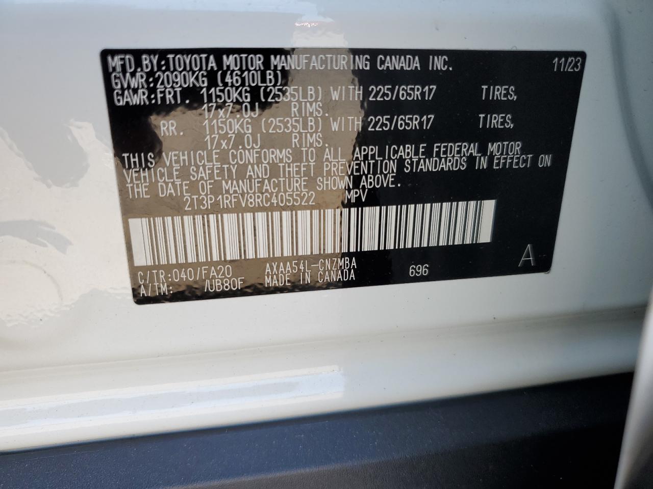 2024 TOYOTA RAV4 XLE VIN:2T3P1RFV8RC405522