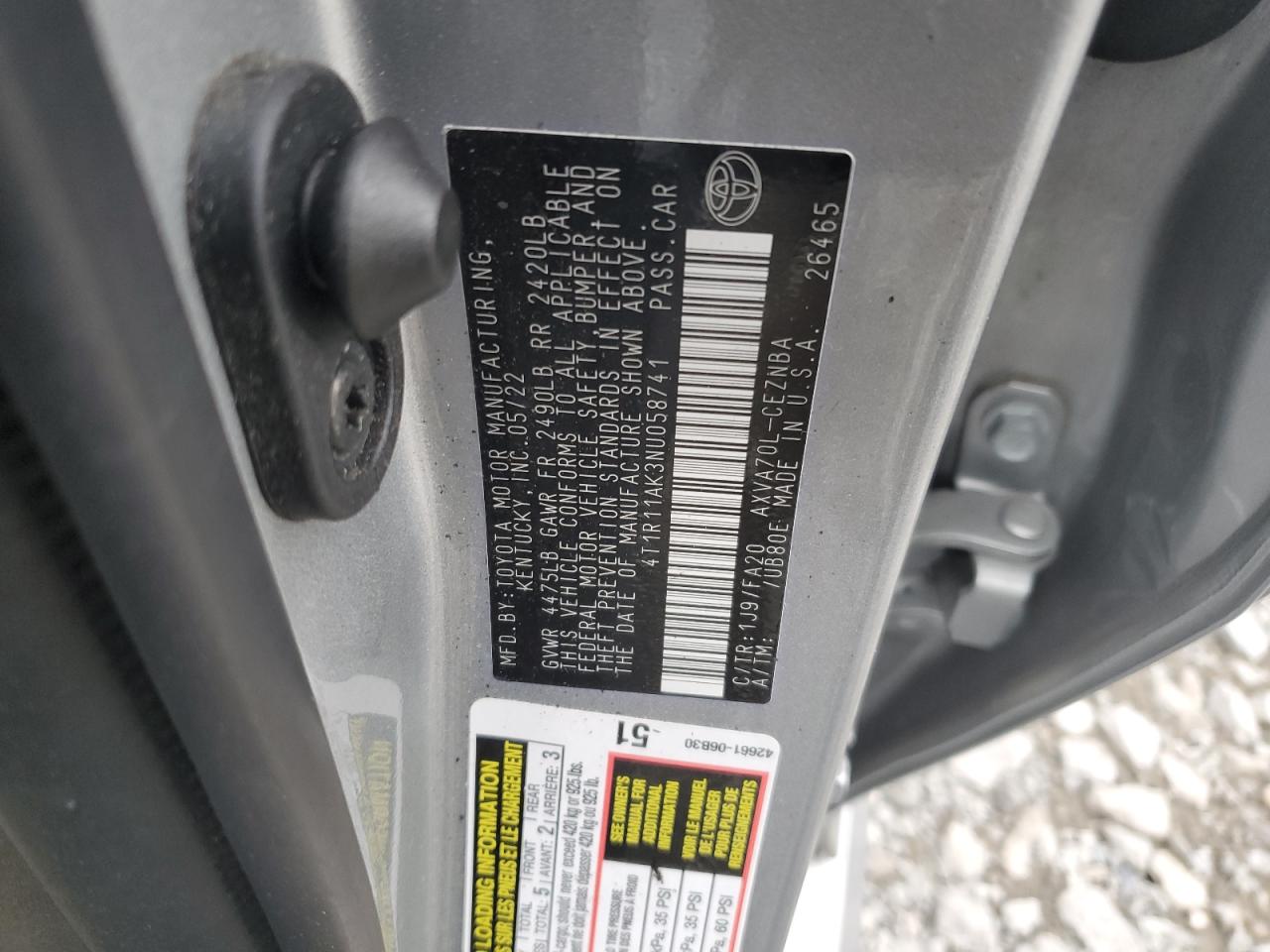 2022 TOYOTA CAMRY LE VIN:4T1R11AK3NU058741