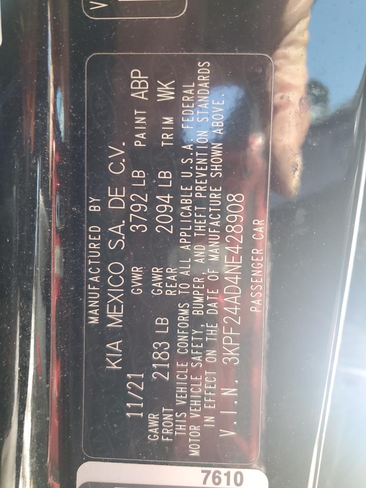 2022 KIA FORTE FE VIN:3KPF24AD4NE428908