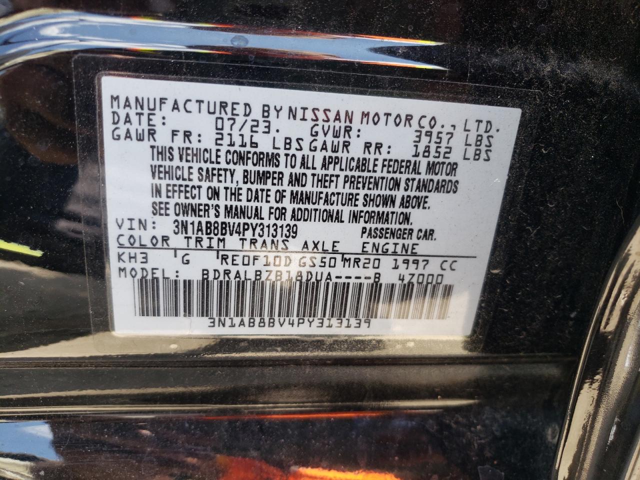 2023 NISSAN SENTRA S VIN:3N1AB8BV4PY313139