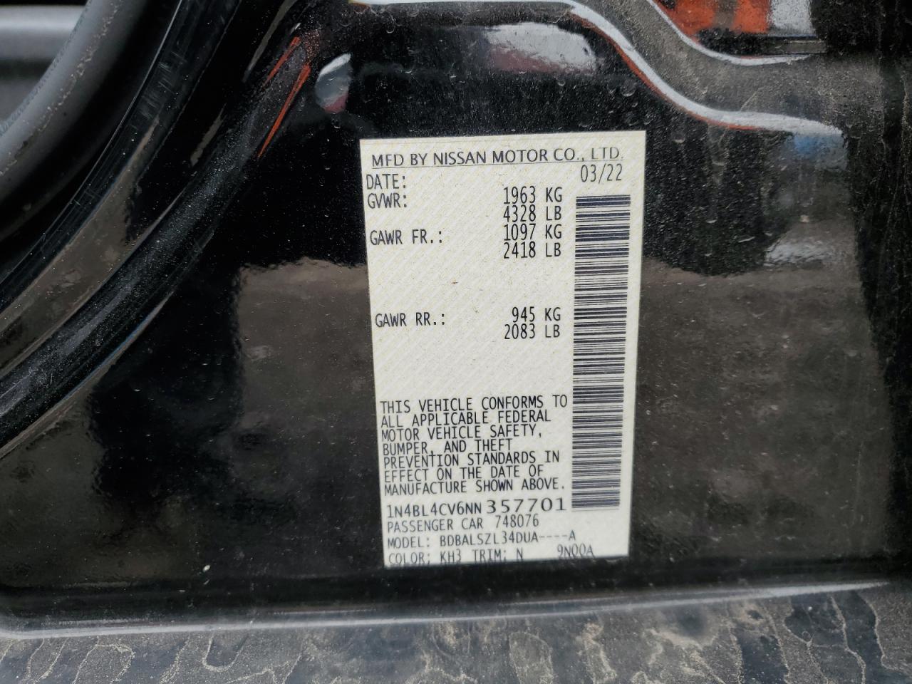 2022 NISSAN ALTIMA SR VIN:1N4BL4CV6NN357701