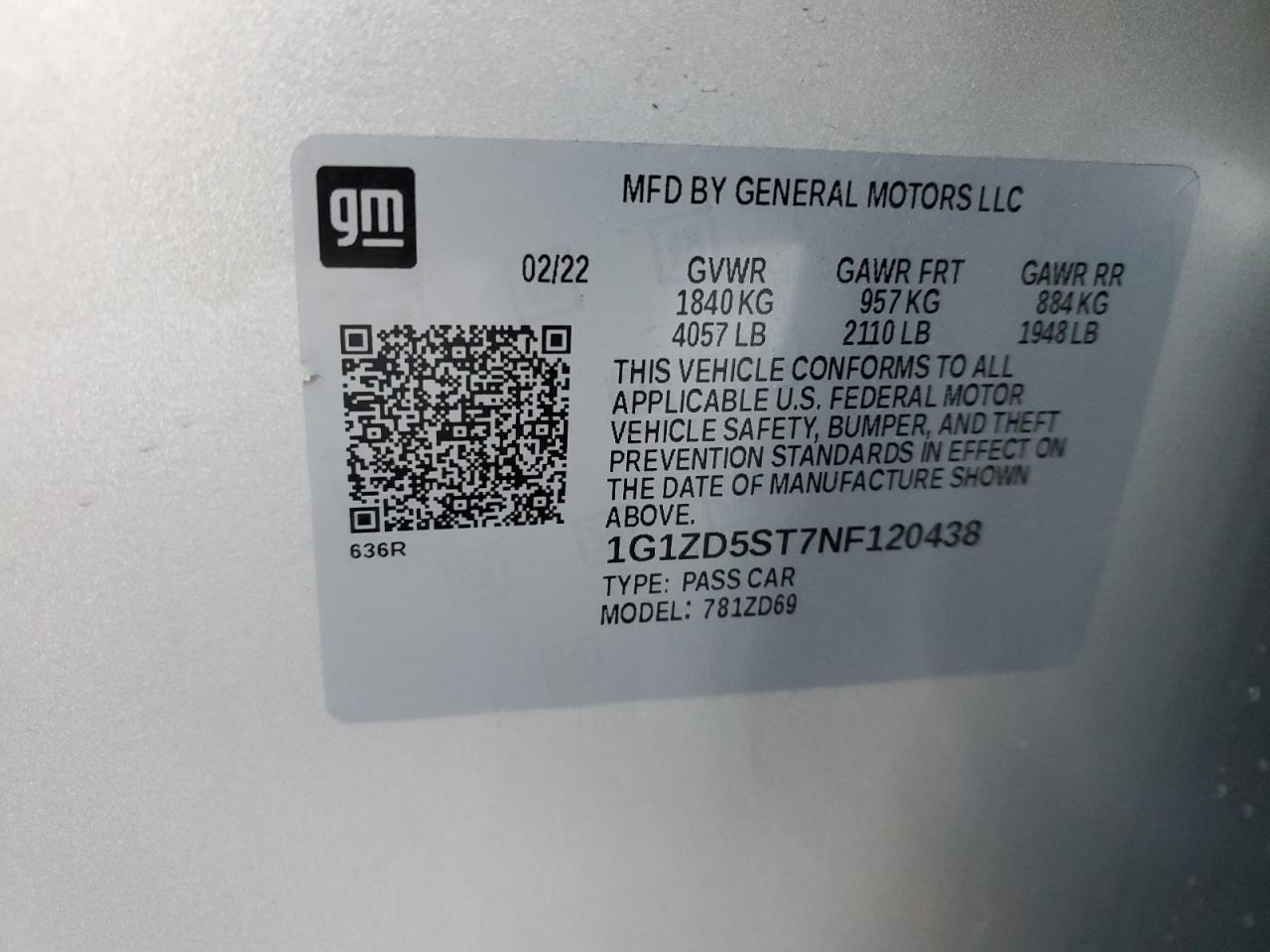 2022 CHEVROLET MALIBU LT VIN:1G1ZD5ST7NF120438