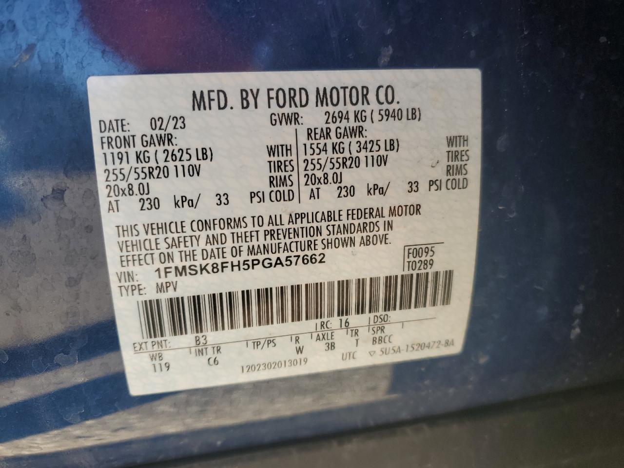 2023 FORD EXPLORER LIMITED VIN:1FMSK8FH5PGA57662