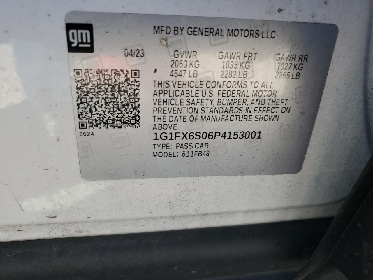 2023 CHEVROLET BOLT EV 2LT VIN:1G1FX6S06P4153001
