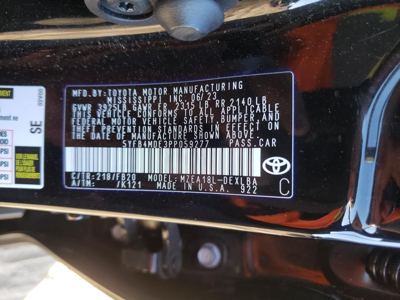 2023 TOYOTA COROLLA LE VIN:5YFB4MDE3PP059277