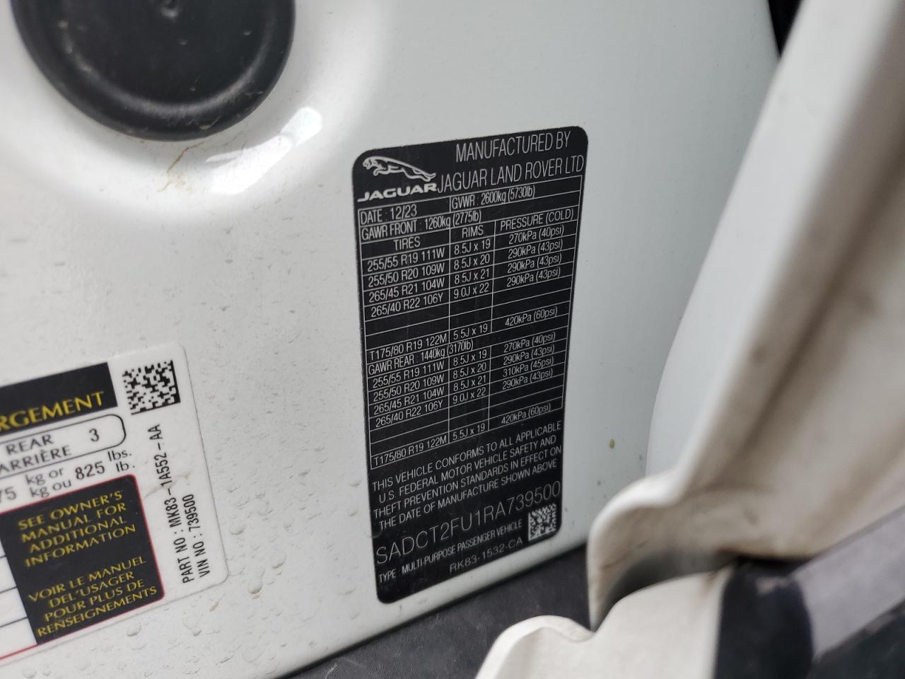 2024 JAGUAR F-PACE R-DYNAMIC S VIN:SADCT2FU1RA739500